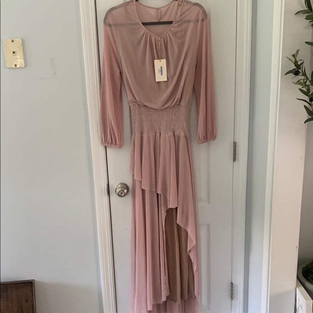 Joy folio Vella dress in nude blush pink sz M NWT maxi mesh cut out front party